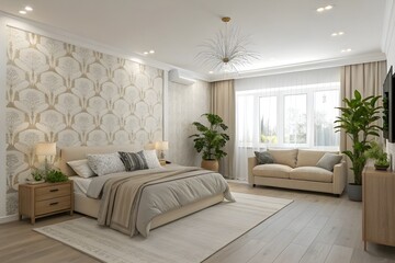 3d illustration of bedroom interior design in a contemporary style.  Interior displayed in the polygon mesh. 