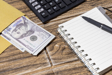 Monthly Budget Workspace with Cash, Calculator, and Notepad