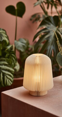 Fototapeta premium Pleated Modern Lamp with Indoor Plants on Terracotta Surface