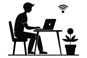 Man Working Laptop Wifi Home Office Plant