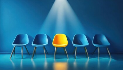 A single yellow chair among blue ones under a spotlight in a minimalistic room