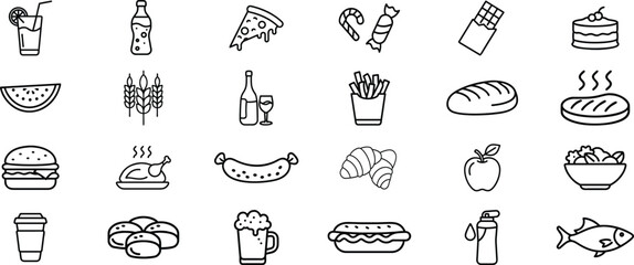 Icon set of food and drinks. Line art vector illustration on white background
