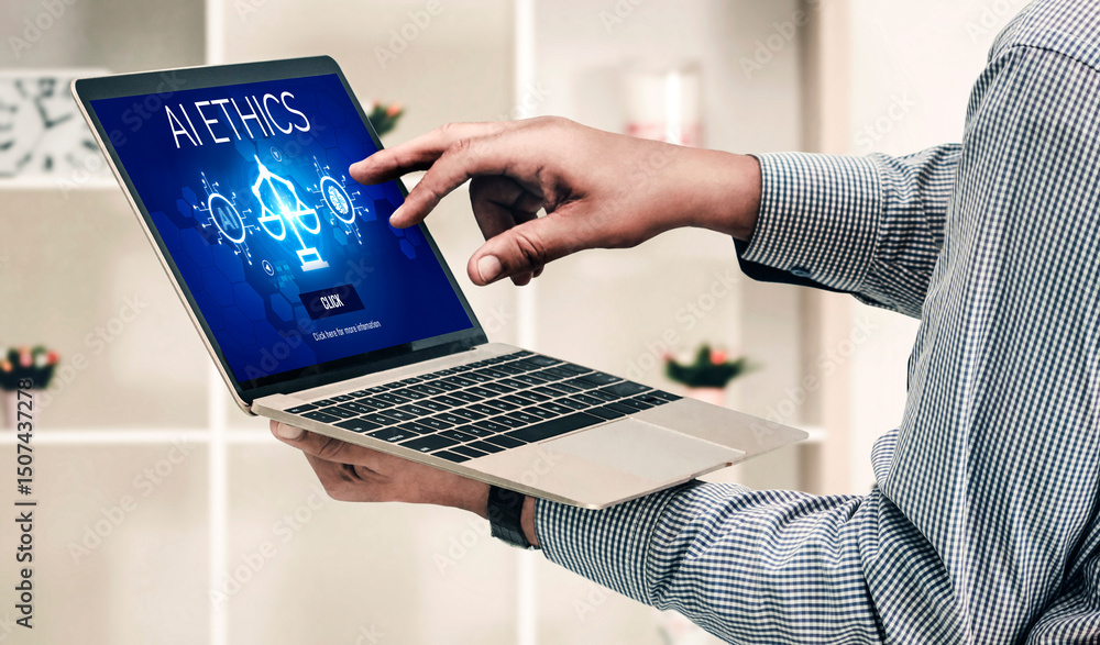 Poster ai ethics responsibility standard law and rules on computer screen provide report of ai ethic transp