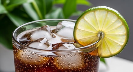 Close-up of a cold, carbonated drink with ice and lime, perfect for summer