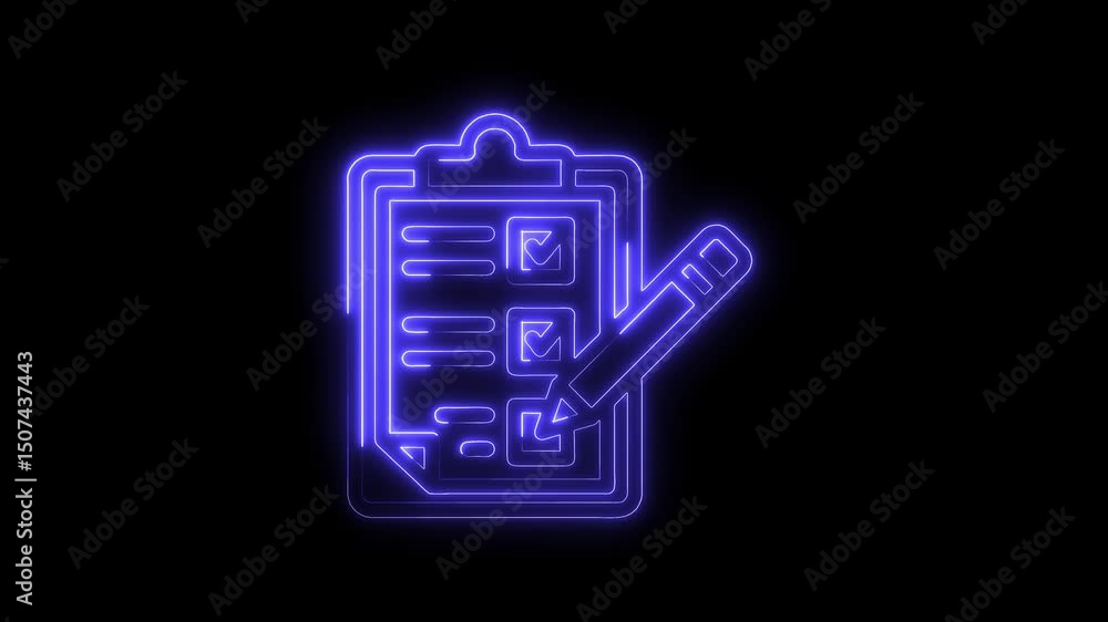 Poster glowing neon checklist with pen animation on black background for tasks and survey