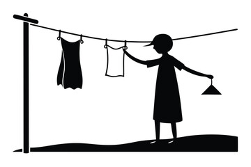 Silhouette Child Hanging Laundry Clothesline