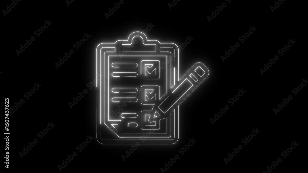 Poster glowing neon checklist with pencil animation on black background symbolizing tasks and processes