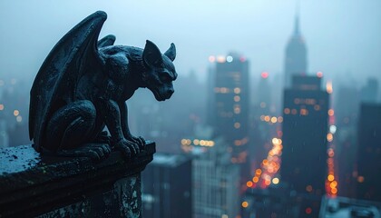 Fototapeta premium Gargoyle statue overlooking a misty modern city skyline during a rainy evening
