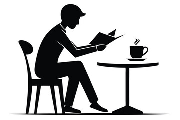 Man Reading Book Coffee Break Cafe Silhouette