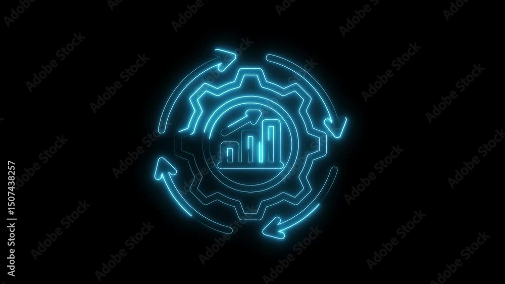 Poster glowing neon gear with graph and arrows animation representing business processes and development