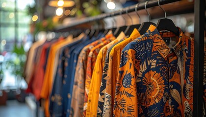 Obraz premium A row of vibrant, patterned shirts displayed on hangers in a boutique store with a warm, inviting atmosphere