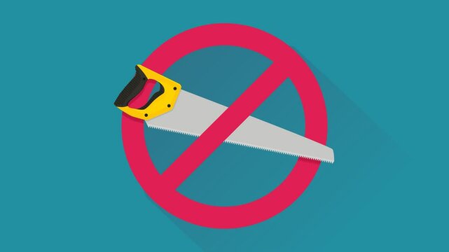 Appearance of a crossed out red circular prohibition symbol on hand saw on a blue background with a long shadow in a flat design style