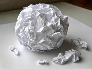 Crumpled white paper ball surrounded by torn paper pieces on a clean workspace during daylight hours
