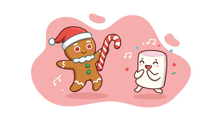 Fototapeta premium Gingerbread Man and Marshmallow Dancing with Candy Cane in Festive Holiday Scene with Pink Background 