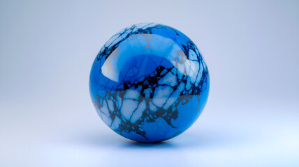 A spherical object with a vibrant blue hue, interspersed with white and darker blue patterns