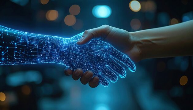 A human and a digital hand shaking in glowing blue light highlights cooperation between humans and artificial intelligence in future societies