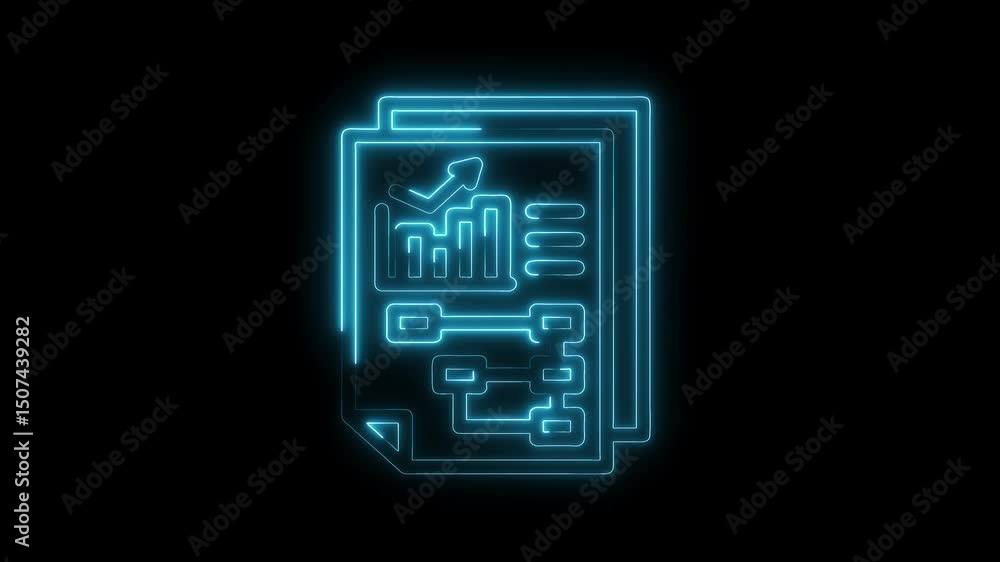 Poster glowing neon business report with growing chart analysis and workflow process diagram animation