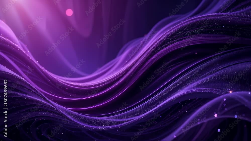 Poster abstract purple waves flowing with sparkling particles in dynamic video