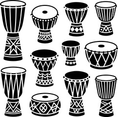 Collection of Black and White Silhouettes of Traditional African Djembe Drums