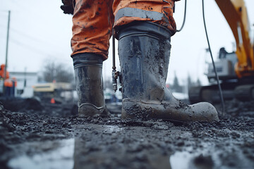 Construction Worker in Mud with Rubber Boots