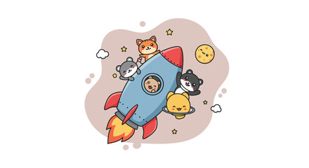 Cute cartoon rocket ship flying with adorable animal characters in space with stars and planets illustration 