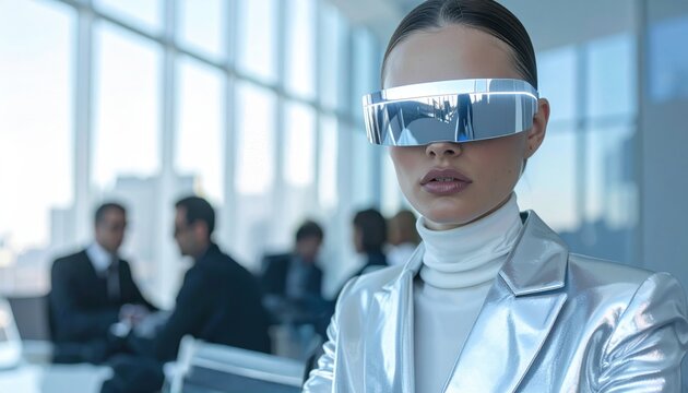 A futuristic woman in reflective visor and metallic suit suggests high-tech corporate leadership and advanced business culture