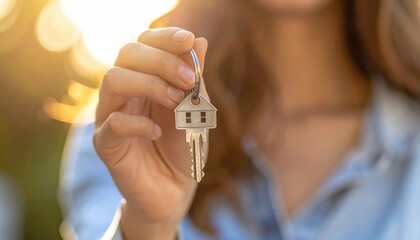 A woman holding a house-shaped key in the golden light of sunset evokes new beginnings, real estate investment, or emotional security of owning a home