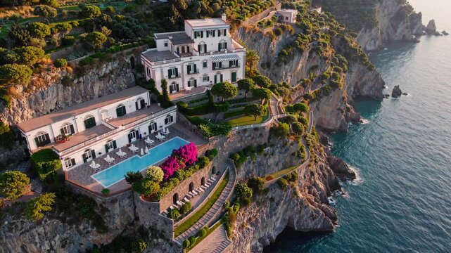 Luxurious white resort with swimming pool overlooking the mediterranean sea from a cliffside location on the amalfi coast, bathed in the warm glow of the setting sun