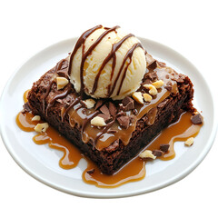 Chocolate brownie with caramel and ice cream isolated on transparent background