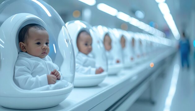 Babies in futuristic incubators line a sterile white lab, symbolizing artificial wombs, biotechnology, and speculative visions of reproduction and genetic engineering