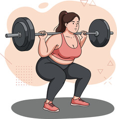 Woman performing barbell squat exercise for strength training and fitness workout routine in gym environment 