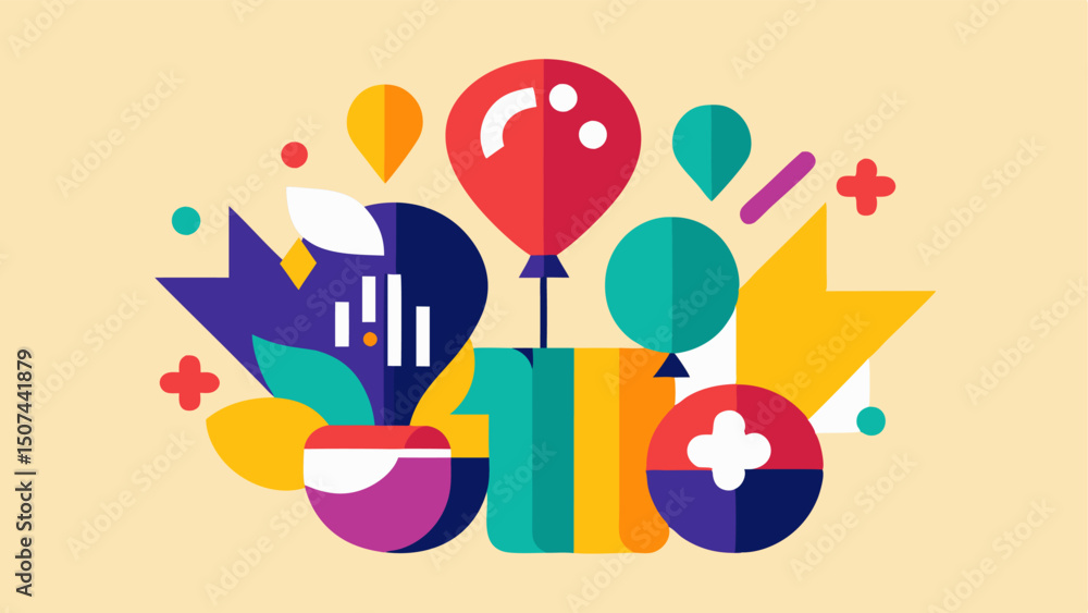 Poster creative collage an artistic composition of glyphs and text with bursting balloons erupting in a col