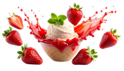 strawberry ice cream with a splash of syrup on a transparent