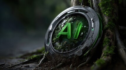 Naklejka premium AI in Nature: A futuristic concept combining technology with nature, a circular device with 