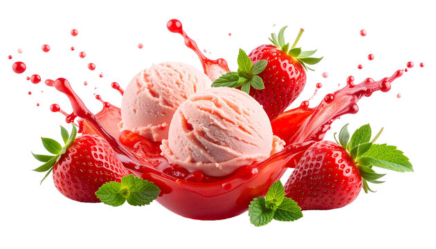 strawberry ice cream with a splash of syrup on a transparent
