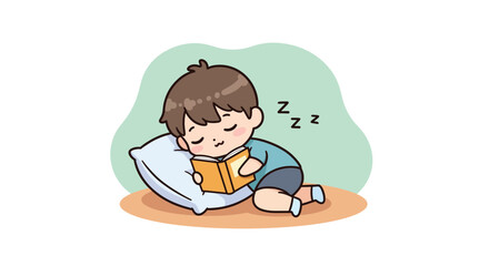 Sleeping child reading book resting on pillow with peaceful expression illustration 