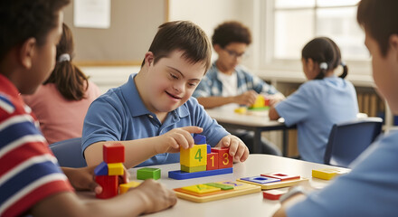 Student with Down syndrome using educational blocks to learn math concepts, focused and happy, inclusive learning environment with diverse classmates