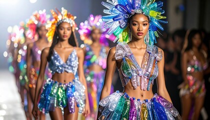 Fashion models walking the runway in vibrant costumes made from recycled plastic, promoting sustainable design trends
