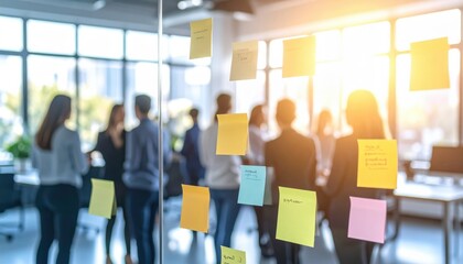 Creative planning in a bright office environment with sticky notes during a strategy meeting or agile scrum session