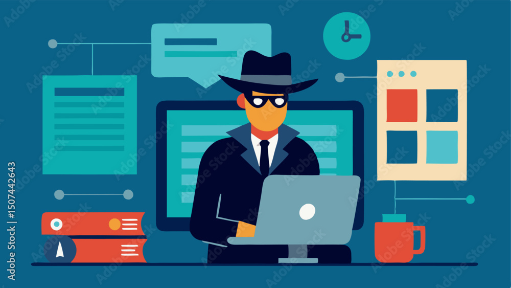 Aufkleber digital research an illustration of the detective at a computer surrounded by open browser tabs show