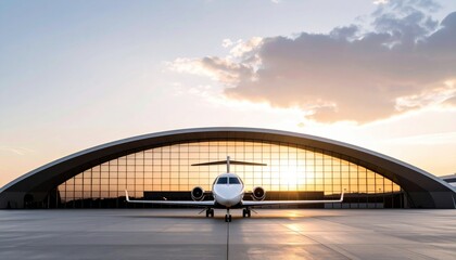 Luxury travel concept illustrated by a private jet parked in front of a futuristic hangar at sunrise symbolizing elite transportation and innovation