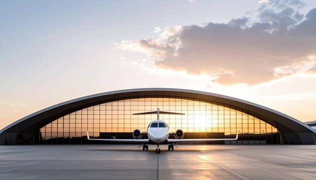 Luxury travel concept illustrated by a private jet parked in front of a futuristic hangar at sunrise symbolizing elite transportation and innovation