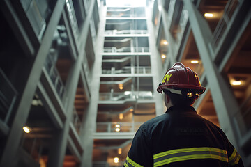 Firefighter Inspecting a Multi-Story Building