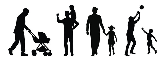 Silhouette vector illustration of fatherhood activities happy dads with children playtime