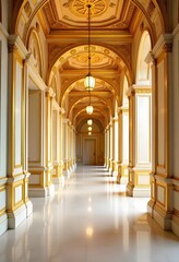 Classical royal hallway with golden tones, bright lighting, and luxurious design high resolution photo