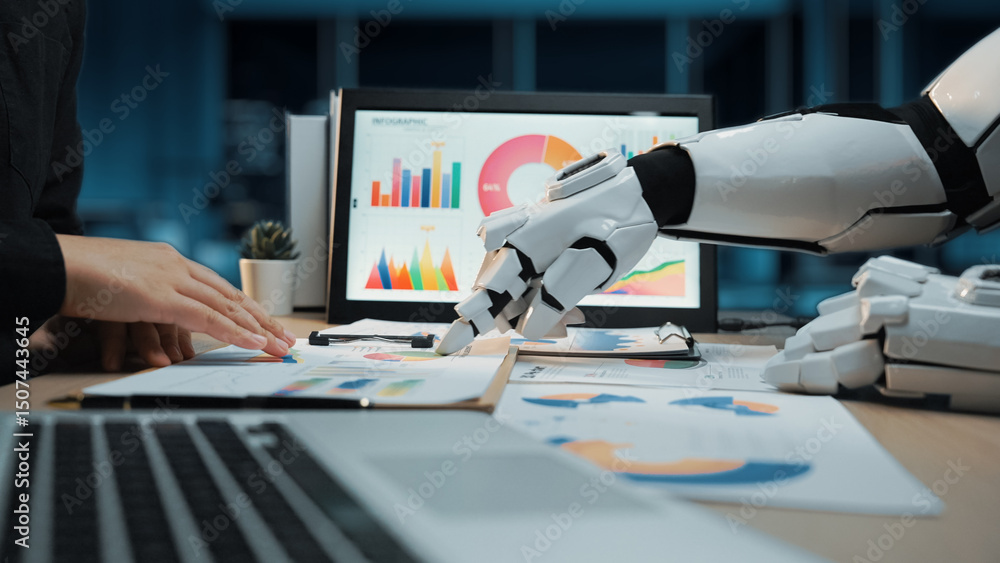Poster a robotic hand collaborates with a human in analyzing business data using charts and graphs in a mod