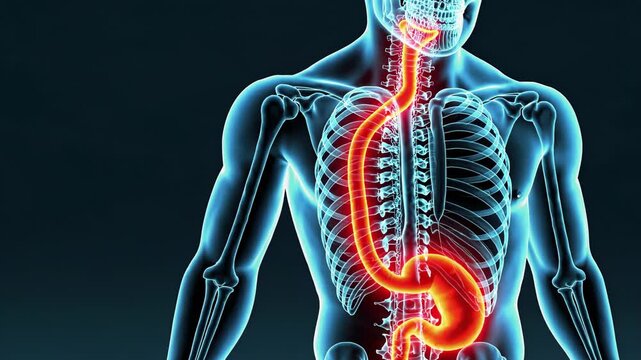 Transparent male anatomical visualization revealing digestive system pathway, tracking food movement from oral cavity through esophagus toward stomach with detailed internal organ rendering