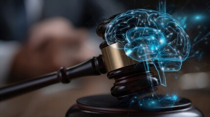 Judgement of Intellect: A gavel descends upon a glowing brain model, symbolizing the intersection of law, thought, and the cognitive processes behind decision-making, justice, and intellect.