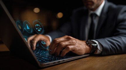 Legal Professional Navigating Digital Law: An image showcasing a legal professional adeptly working on a laptop, immersed in digital legal matters, reflecting expertise in modern law and technology.