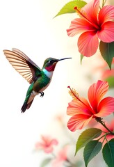Graceful hummingbird flying beside vivid red hibiscus flowers in soft morning light high resolution photo
